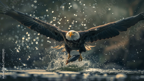 Eagle catching fish in water.