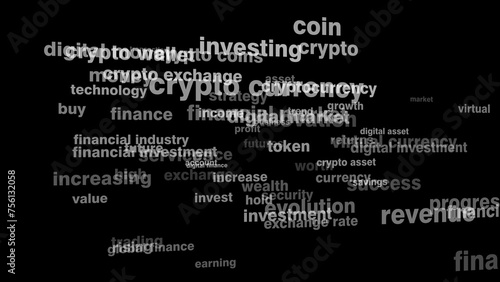 Crypto exchange texts on black background about digital money, altcoin, and virtual crypto currency market