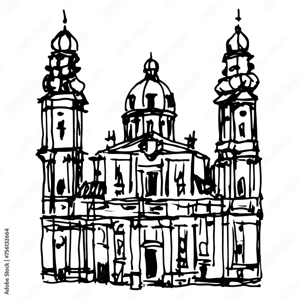 The Theatine Church of St. Cajetan and Adelaide. Theatinerkirche St. Kajetan und Adelheid. Catholic church in Munich, Germany. Hand drawn linear doodle rough sketch. Black and white silhouette.