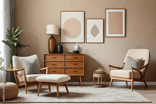 Stylish composition of modern cozy living room interior with structure painting, beige armchair, wooden vintage commode and personal accessories. Creative wall, carpet on the floor. Template. photo