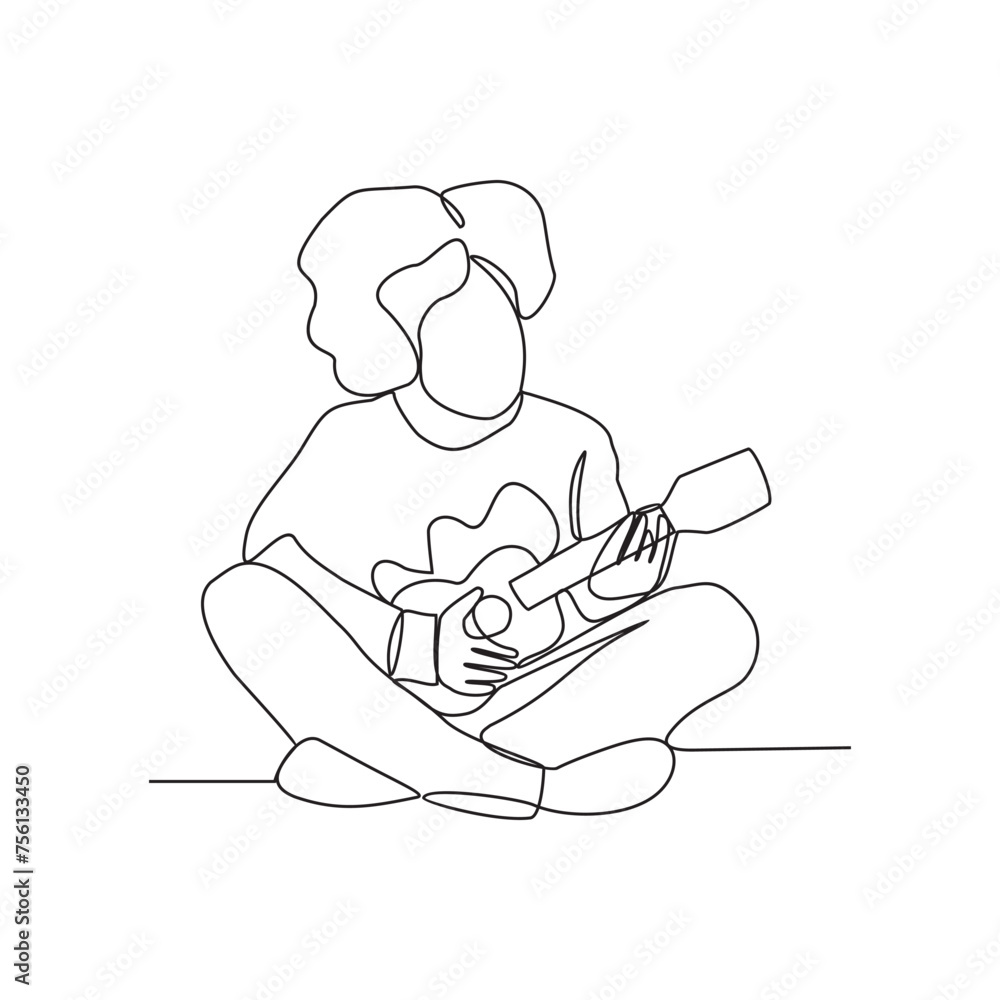 One continuous line drawing of the people playing guitar vector illustration. Guitarist illustration in simple linear style vector concept. Guitar Player design is suitable for your asset design.