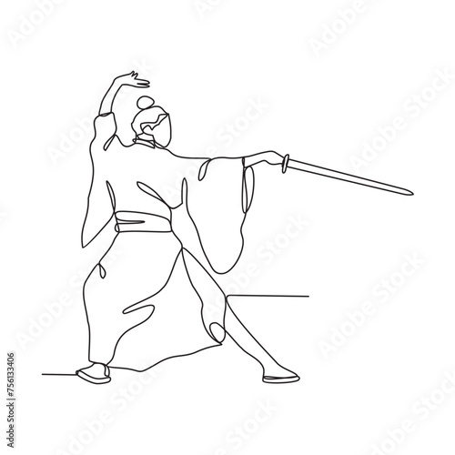 One continuous line drawing of the Chinese fighter is fighting using his kung fu moves vector illustration. Chinese kung fu fighter activity illustration in simple linear style vector design concept.