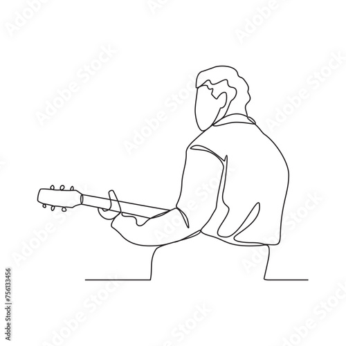 One continuous line drawing of the people playing guitar vector illustration. Guitarist illustration in simple linear style vector concept. Guitar Player design is suitable for your asset design.