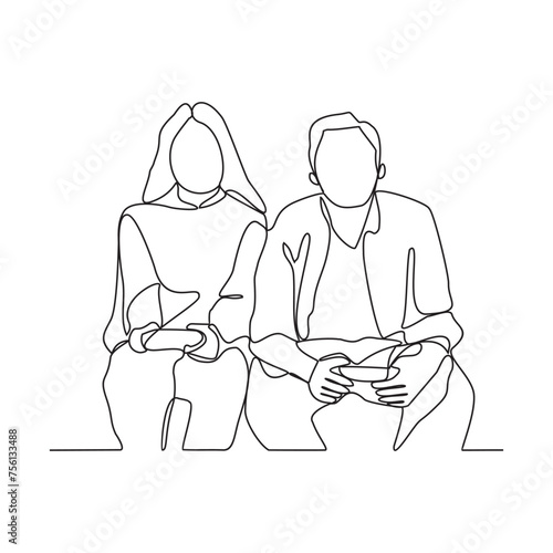One continuous line drawing of the people are playing soccer video games in a room of house vector illustration. playing video games activity illustration in simple linear style vector design concept.