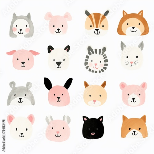 Sweet watercolor animal faces with soft pastel backgrounds