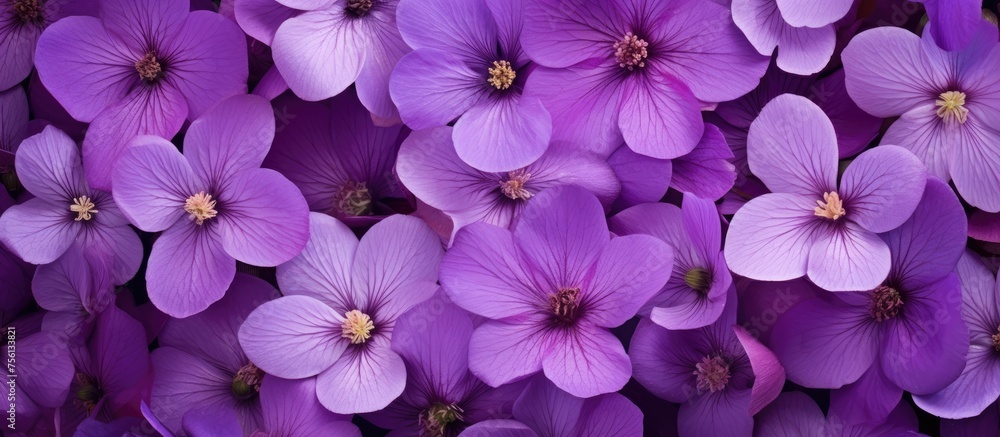 A stunning groundcover plant with vibrant purple petals and bright yellow centers. This terrestrial flowering plant adds beauty to any garden with its magenta and violet hues