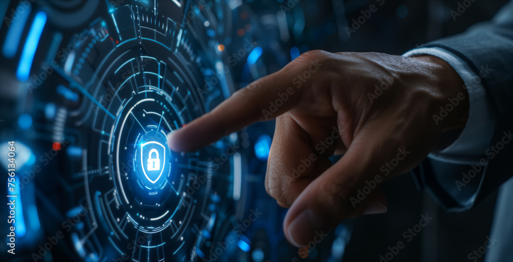 Fototapeta premium Ai, artificial intelligence technology. Finger touch on HUD interface hologram. Concept of futuristic innovation machine learning, information network, online system, automation, cyberspace in blue.