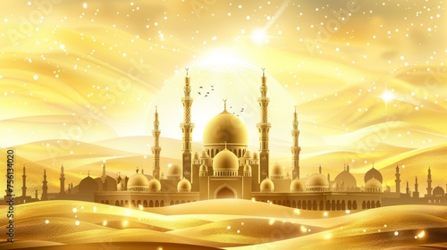Golden mosque illustration: vibrant background for eid mubarak celebration photo
