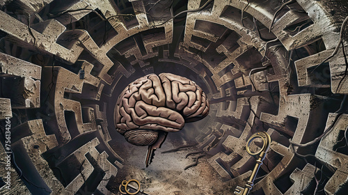 Surreal brain maze with keys and enigmatic pathways, representing the complex puzzle of human consciousness.