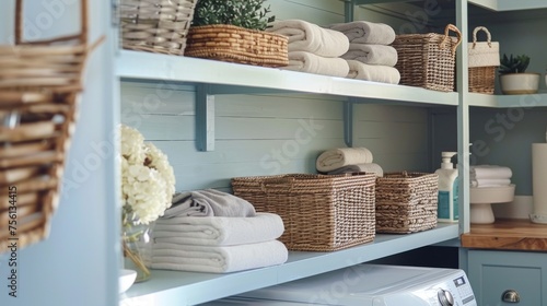 Modern laundry room setup with organized shelves woven baskets and soft blue tones for a tidy space