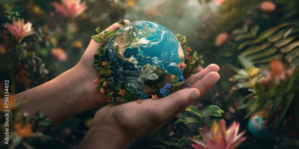 Our planet nestled in the palm of a hand amidst a floral paradise embodying hope for a sustainable and blooming future Our planet nestled in the palm of a hand amidst a floral paradise embodying hope for a sustainable and blooming future
