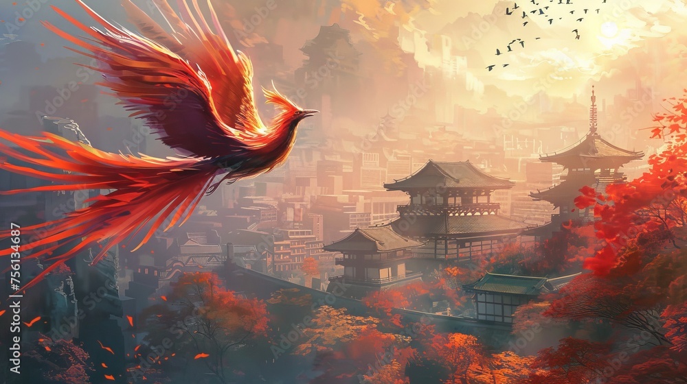 Scarlet phoenix in flight against a dusky Japanese cityscape symbolizing rebirth for a cultural event poster - obrazy, fototapety, plakaty 