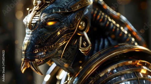 photorealistic side portrait of unholy horus with stargate style armour golden intricate detailing glowing eyes large fangs and wearint a golden nemes. intense glowing eyes © Shutter2U