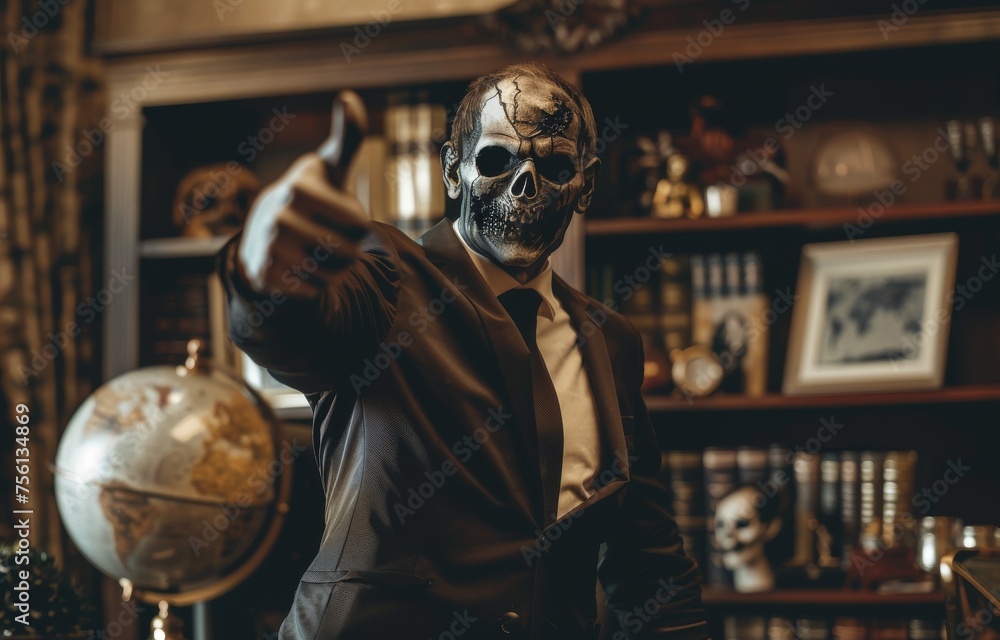 Zombie business leader giving a thumbs up in a luxury office with a globe and awards on the shelf portraying global success - obrazy, fototapety, plakaty 