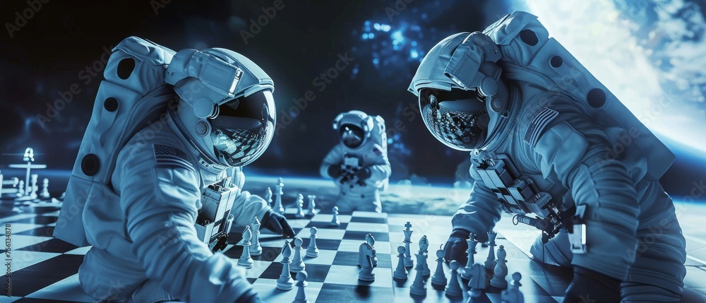 Zero-gravity chess challenge astronauts pitted in a battle of wits a scene from an epic space odyssey - obrazy, fototapety, plakaty 