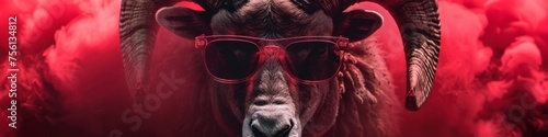 The intense gaze of a stylish ram its horns framing red-tinted glasses amidst a vibrant red haze symbolizing power and presence