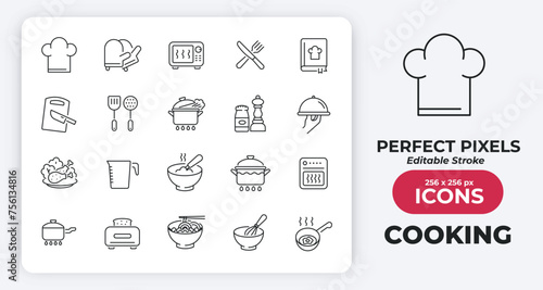 Cooking simple minimal thin line icons. Related meal, kitchen, chef, service. Editable stroke. Vector illustration.