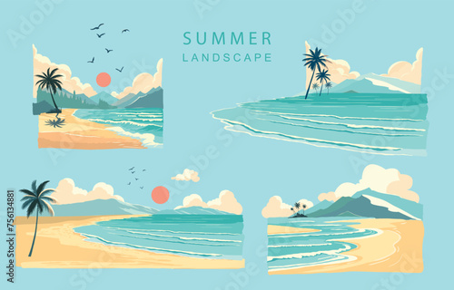 beach elements with sea,sand,sky.illustration vector for a4 page design