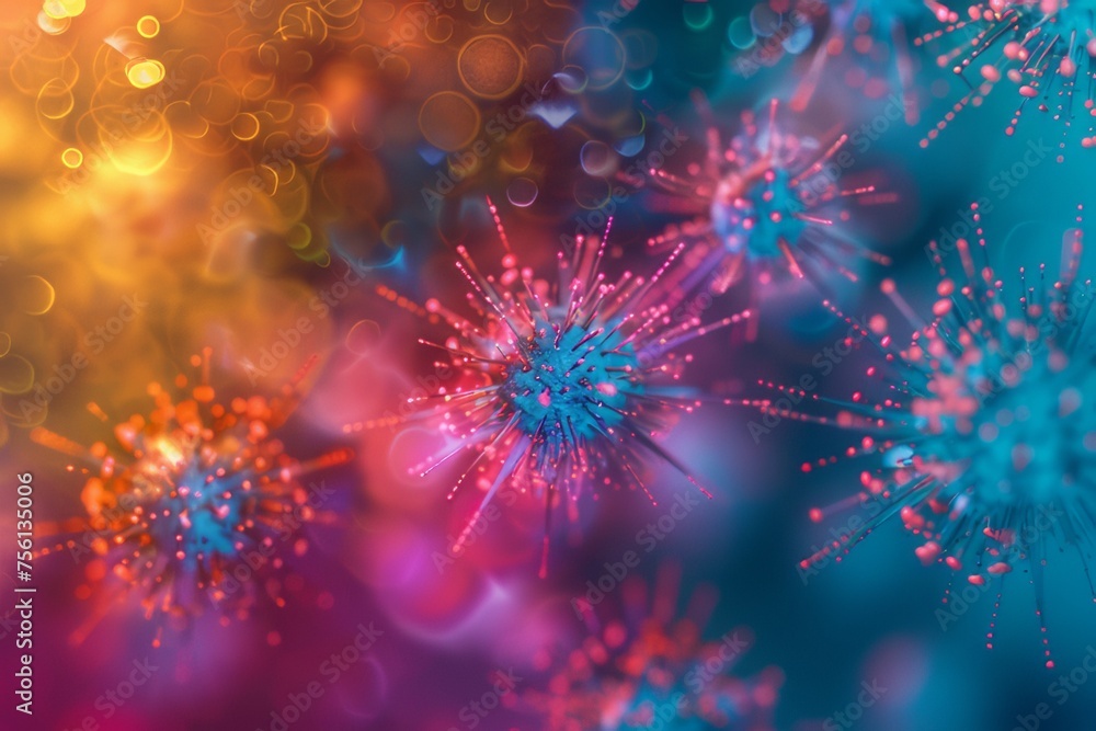 Artistic image of lively virus particles under a microscope. Artistic image of lively virus particles under a microscope.