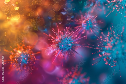 Artistic image of lively virus particles under a microscope.