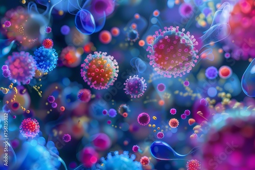 Artistic image of lively virus particles under a microscope.