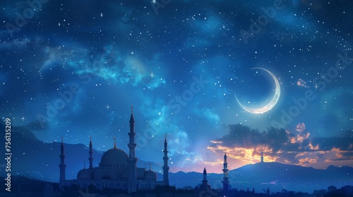  Islamic greeting cards: ramadan kareem mosque background - blue banner with moon