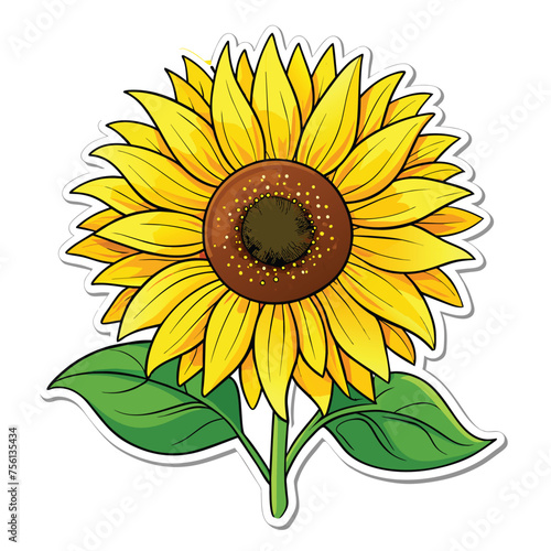 Sticker a yellow sunflower with green leaves