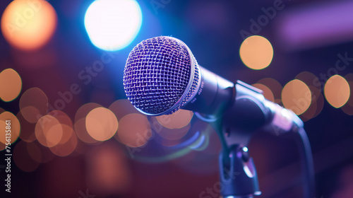 microphone on stage with lights bokeh, public speaking or leadership concept 