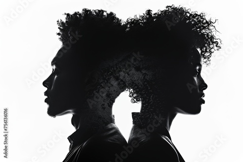 Silhouette of man and woman standing back to back