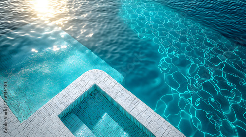 Swimming pool with blue water and sun rays photo