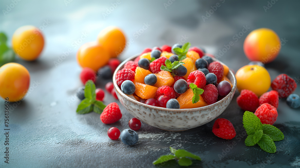 Bowl with tasty berry salad on color background, closeup Bowl with tasty berry salad on color background, closeup