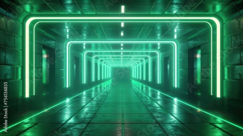 Black background with green neon lines  futuristic style  with soft sunlight render - generative ai
