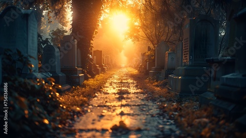 Golden Hour Path Through Eternity A Cinematic Journey Through an Old Cemetery