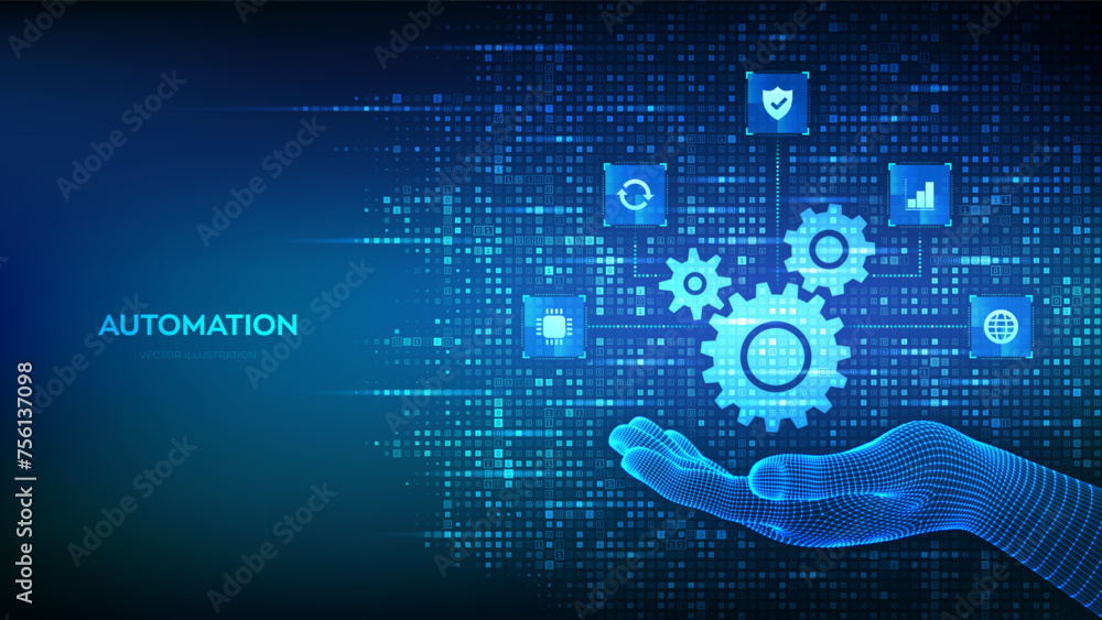 Automation Software. Gears icon made with binary code in hand. IOT and Automation icons connections. Digital binary data and streaming digital code. Background with digits 1.0. Vector Illustration.