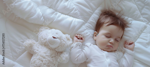 Newborn baby peacefully sleeping on a white bed, with a plush toy nearby. The image offers copy space for text and captures the innocence and serenity of a sleeping infant.