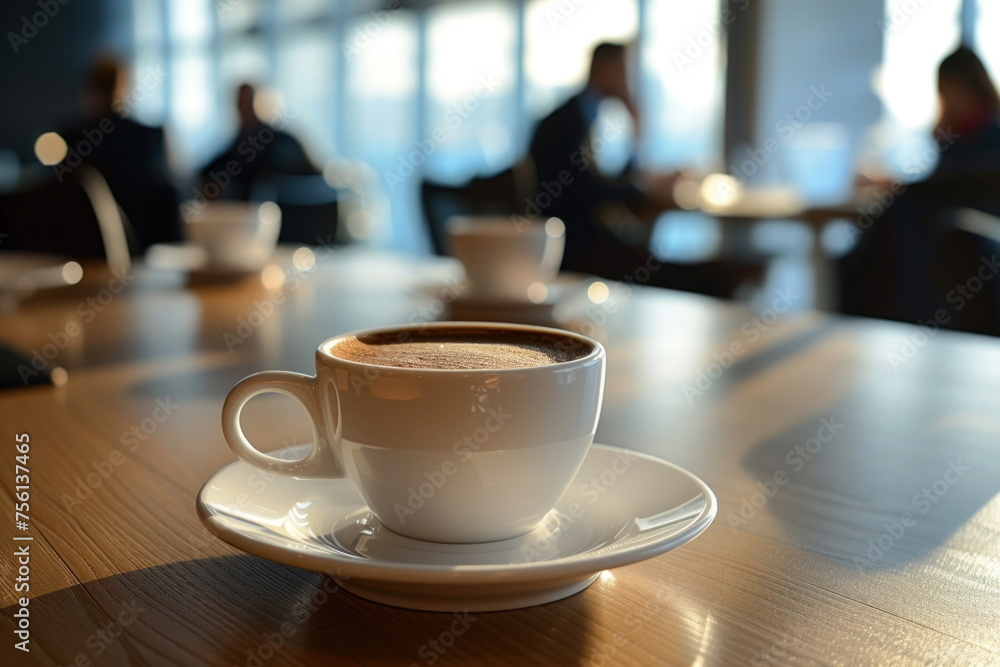 cups of coffee on the office table with people meeting background