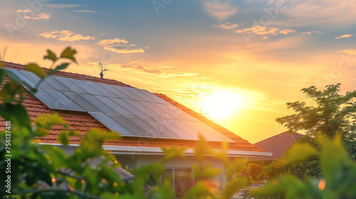 Panel solar energy photovoltaic power roof sun home cell system green house eco industry. Solar energy building panel future electric engineer technology ecology sunset nature station sky light work 