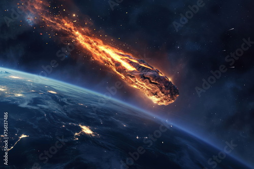  burning meteorite in space flying towards the planet earth