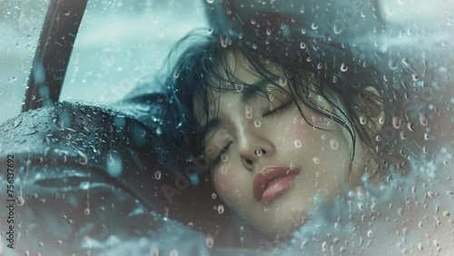 a beautiful girl is sleeping in the car with raindrop, seamless looping 4k time-lapse, animation video  photo