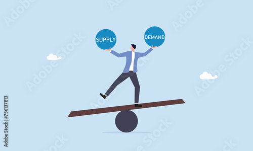 Demand vs supply balance, world economic supply chain problem, market pricing model for goods and service, cost or retail concept, businessman balancing between supply and demand on the seesaw concept photo