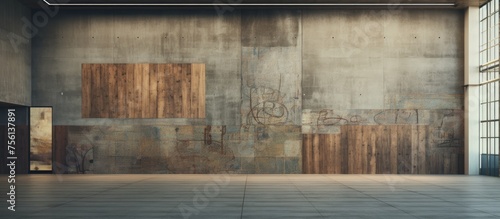 A building with a hardwood facade, wooden doors, and a concrete wall. The empty room has hardwood flooring, tinted in shades of grass and water, perfect for showcasing art