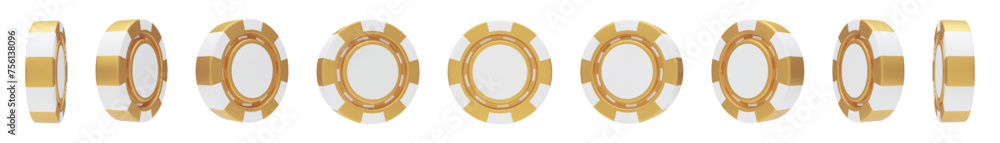 Set of 3D gold and white rotating casino chips rendering. Casino, gambling game objects, betting symbols. Online gambling token for slot, poker, roulette, blackjack tools vector illustration Set of 3D gold and white rotating casino chips rendering. Casino, gambling game objects, betting symbols. Online gambling token for slot, poker, roulette, blackjack tools vector illustration