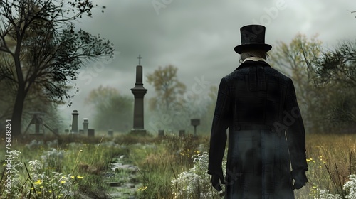 Paying Respects A Thin Man in an Old Coat and Top Hat Stands at the Edge of a Foggy Cemetery photo