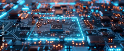 3d rendering of circuit board background with closeup view on chip and baseboard