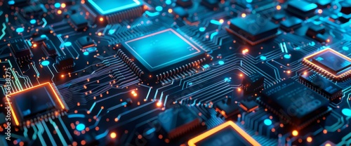 3d rendering of circuit board background with closeup view on chip and baseboard