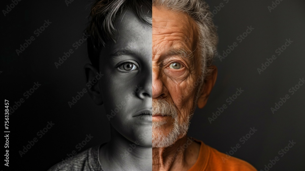 A man divided in two. One side of his face is a young boy while the other side is an old man.