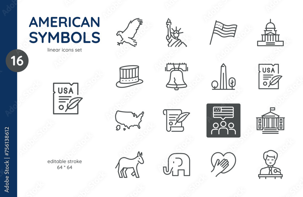 American Icons Vector Set - Patriotic Symbols and Landmarks. Isolated Editable Stroke Sing of USA Government, Politics, Nation, and United States History. - obrazy, fototapety, plakaty 