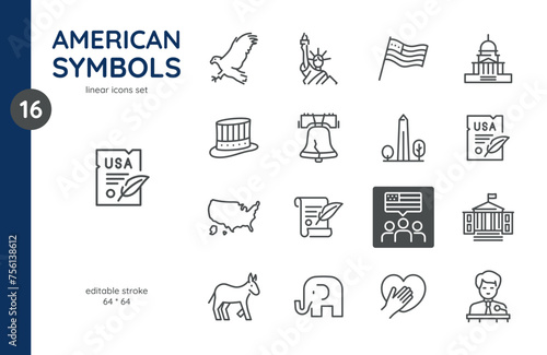 American Icons Vector Set - Patriotic Symbols and Landmarks. Isolated Editable Stroke Sing of USA Government, Politics, Nation, and United States History. photo