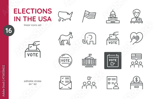 Elections in the USA Icons Set. Collections of Vector Symbols and Simple Isolated Icons for United States Politics, President Election Rally, American Landmarks, National flags and Voting Ballot Box.  photo