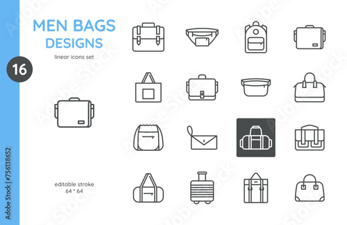 Men's Bag Icon Set: Messenger, Briefcase, Backpack, Duffle for Gym, Sports and Urban Lifestyle. Editable Stroke Vector Collection of Men's Bag Accessories. Includes Totes, Shoppers, Funny Packs.